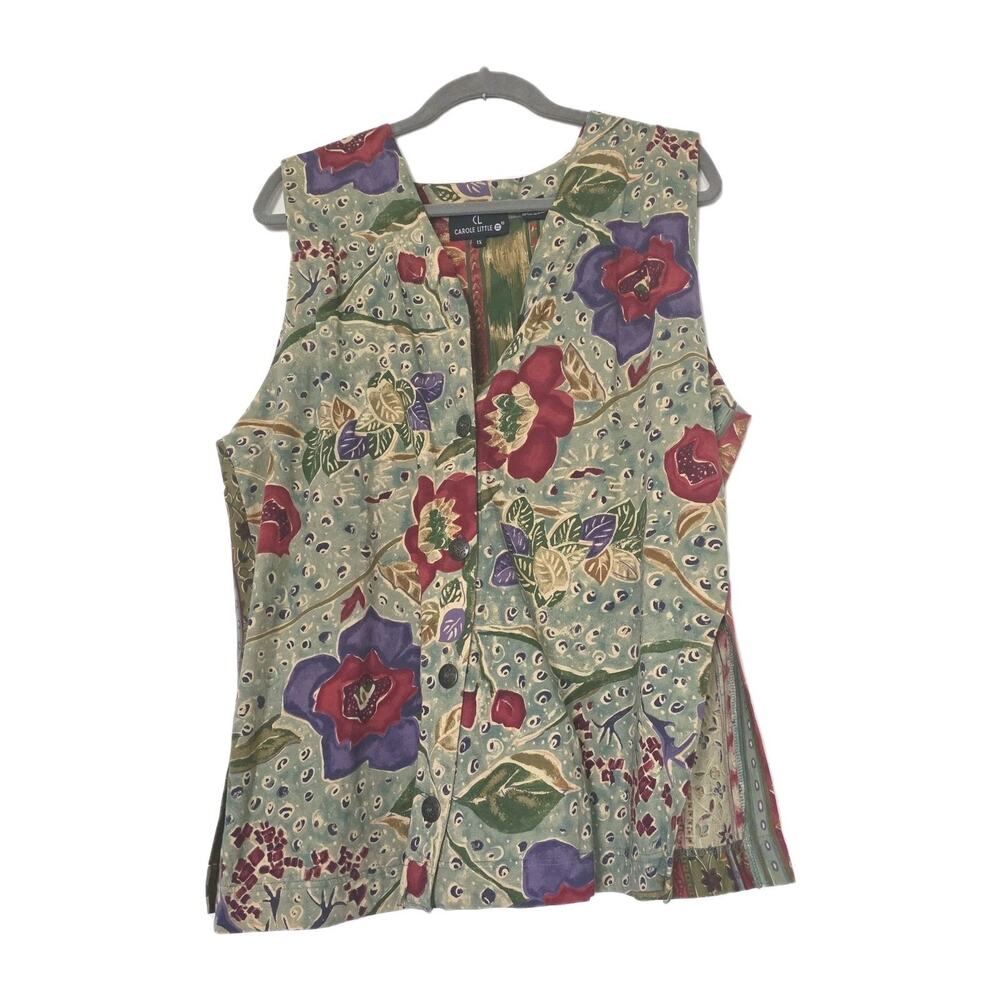 Vintage Carole Little Floral Artsy Vest Womens 1X Cotton Button Up Boho Hippie